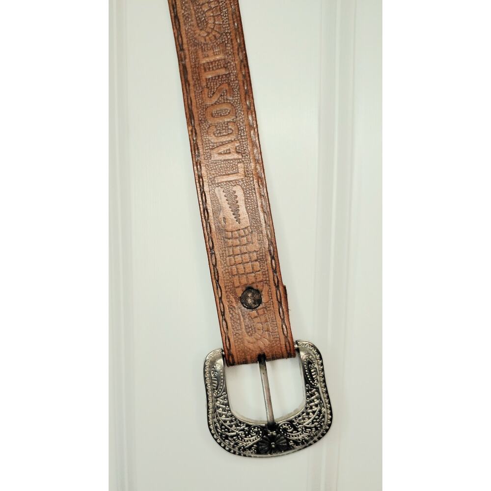 Vintage Lacoste Tooled Leather Western Belt Brown Croc Embossed Silver Buckle 38 - Picture 8 of 16